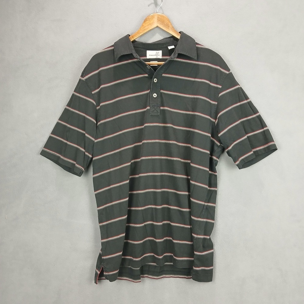 Ashworth Ez Tech Polo Shirt Mens Large Black Striped Single Stitch Side Slit